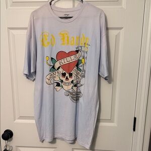 Ed Hardy Men's White Tee with Skull and Heart Design